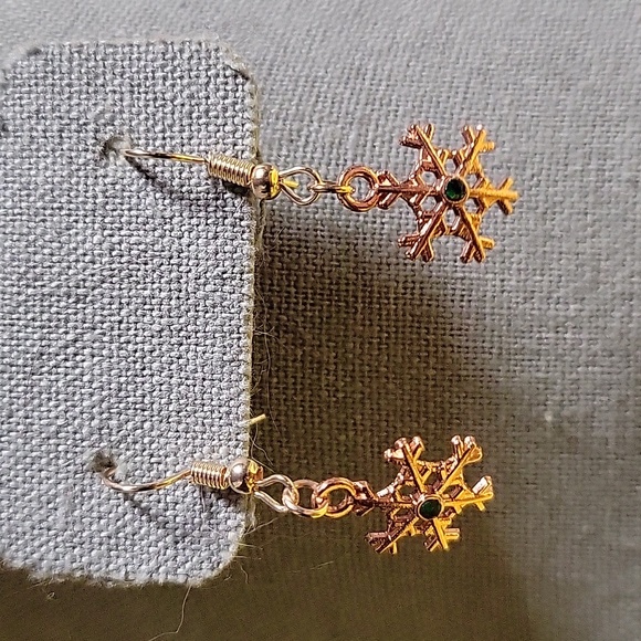 Rose Gold Tone Snowflake Earrings with Green Gems - Picture 2 of 3